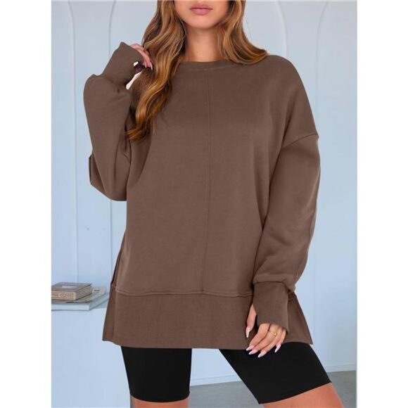 Side Slit Round Neck Long Sleeve Sweatshirt - Picture 9 of 16